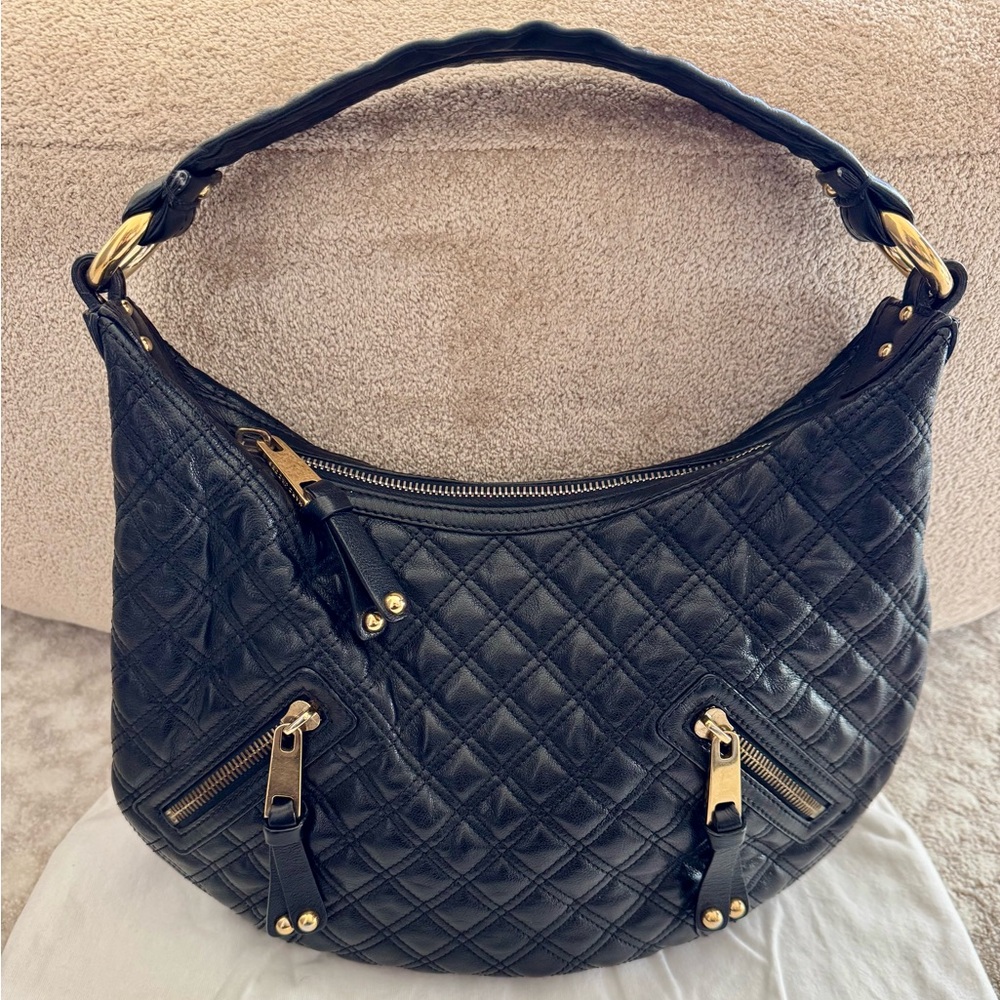 MARC JACOBS Black Quilted Calfskin Leather Banana Hobo Bag